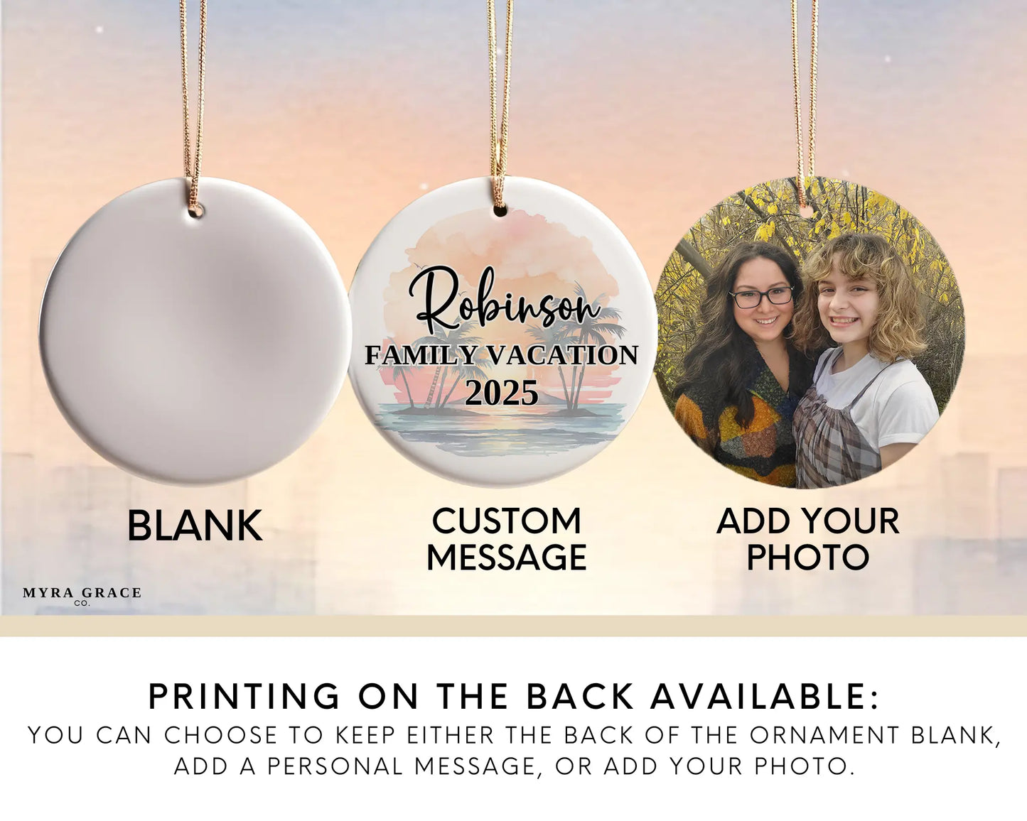 Custom vacation Hawaii ceramic photo ornament with personalized message – handmade Christmas bauble, gift souvenir, or vacation keepsake. Add your photo