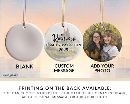 Custom vacation Isle of Skye Scotland ceramic photo ornament with personalized message – handmade Christmas bauble, gift souvenir, or vacation keepsake. Add your photo