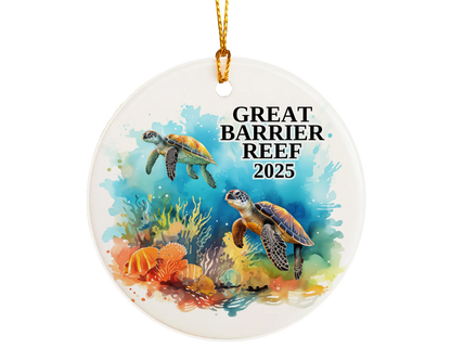 Custom Great Barrier Reef ceramic photo ornament with personalized message – handmade Christmas bauble, gift souvenir, or vacation keepsake.  