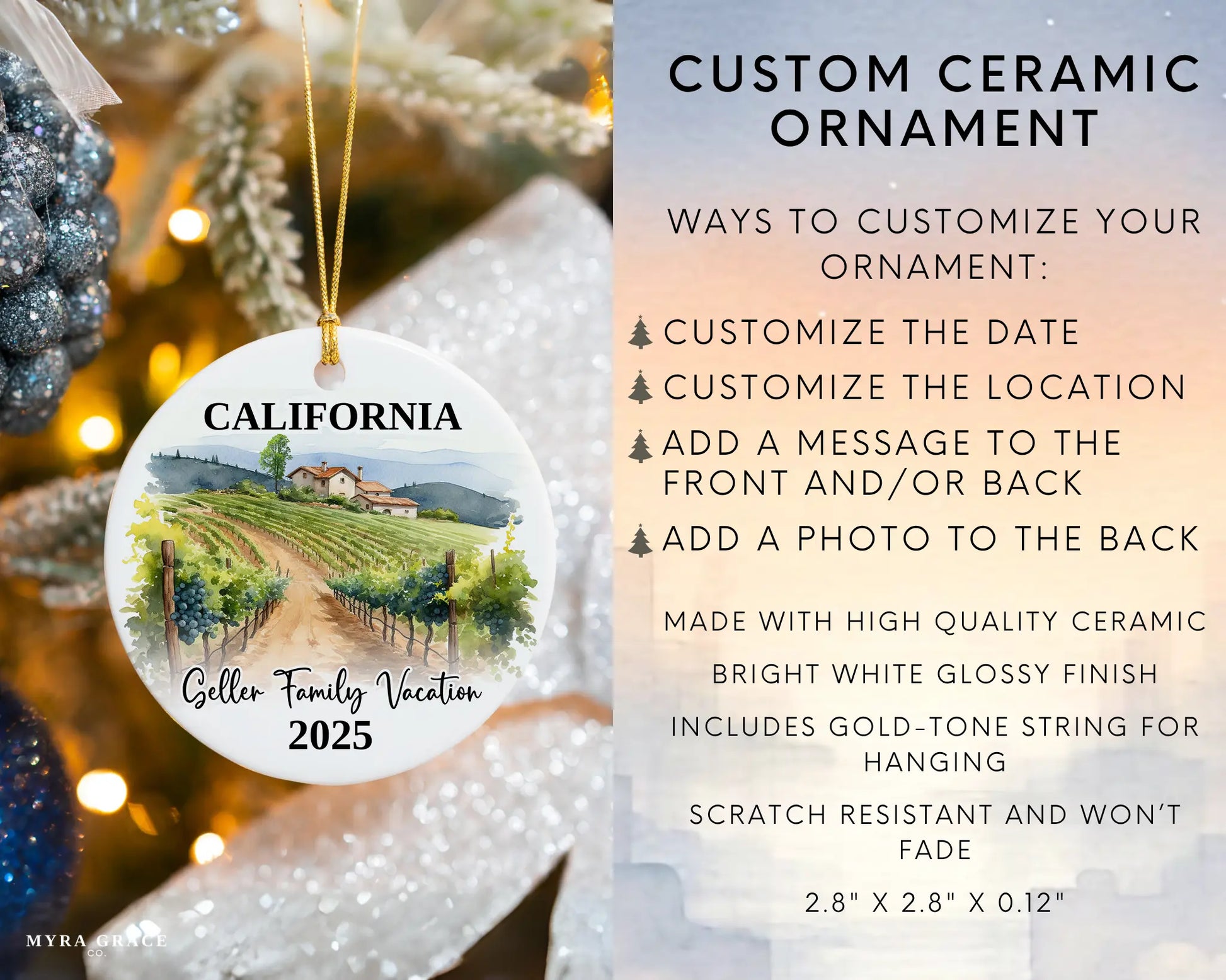 Custom vacation California ceramic photo ornament with personalized message – handmade Christmas bauble, gift souvenir, or vacation keepsake. Infographic