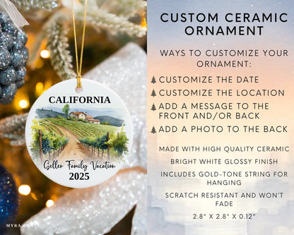 Custom vacation California ceramic photo ornament with personalized message – handmade Christmas bauble, gift souvenir, or vacation keepsake. Infographic