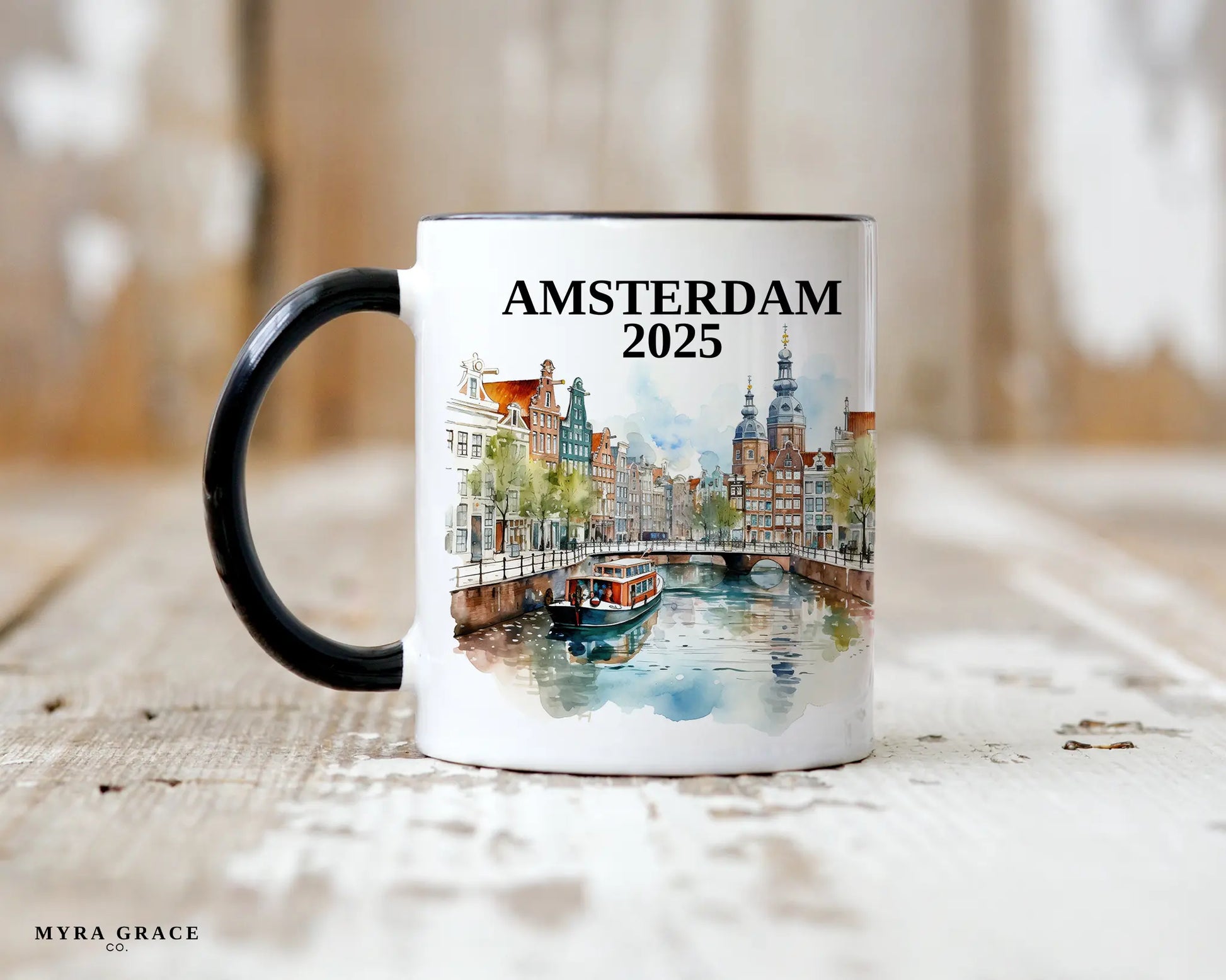 Custom ceramic Amsterdam vacation mug with watercolor location design, date, and personal photo – personalized travel gift or photo mug. 