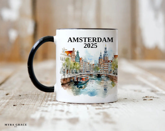 Custom ceramic Amsterdam vacation mug with watercolor location design, date, and personal photo – personalized travel gift or photo mug. 