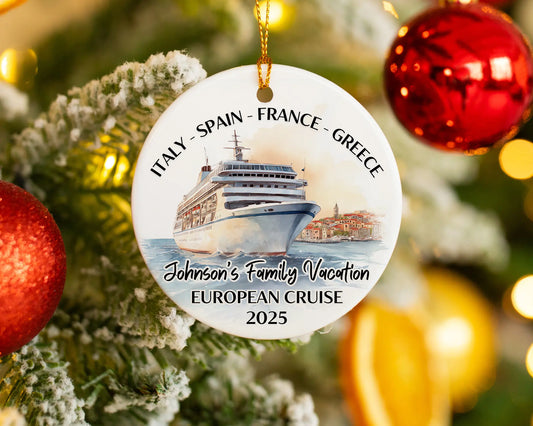 Handmade ceramic Europe cruise ornament with personalized location and photo – custom Christmas bauble or cruise vacation souvenir.