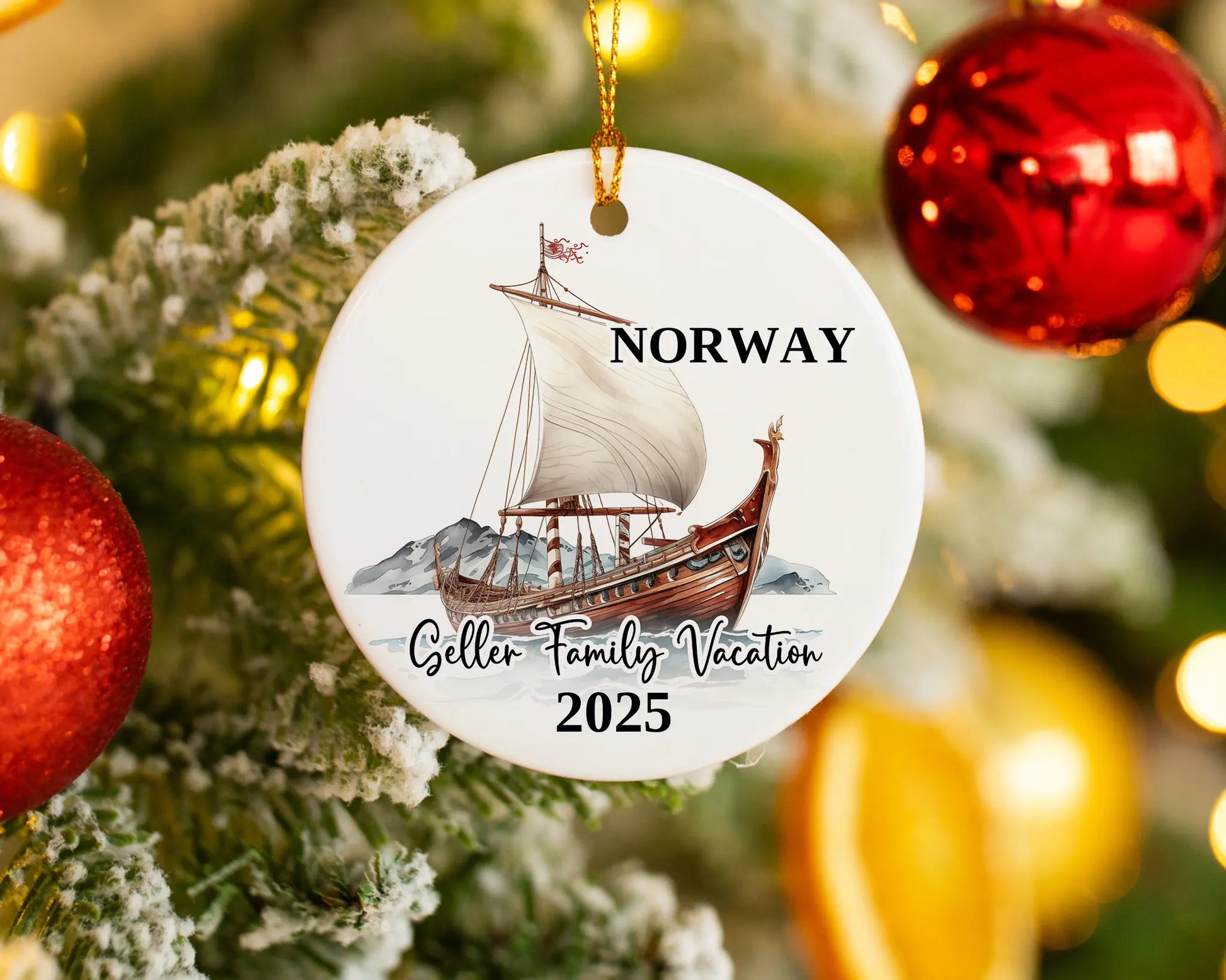 Custom vacation Norway ceramic photo ornament with personalized message – handmade Christmas bauble, gift souvenir, or vacation keepsake. 