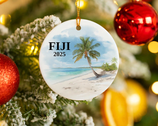 Custom Fiji ceramic photo ornament with personalized message – handmade Christmas bauble, gift souvenir, or vacation keepsake.  