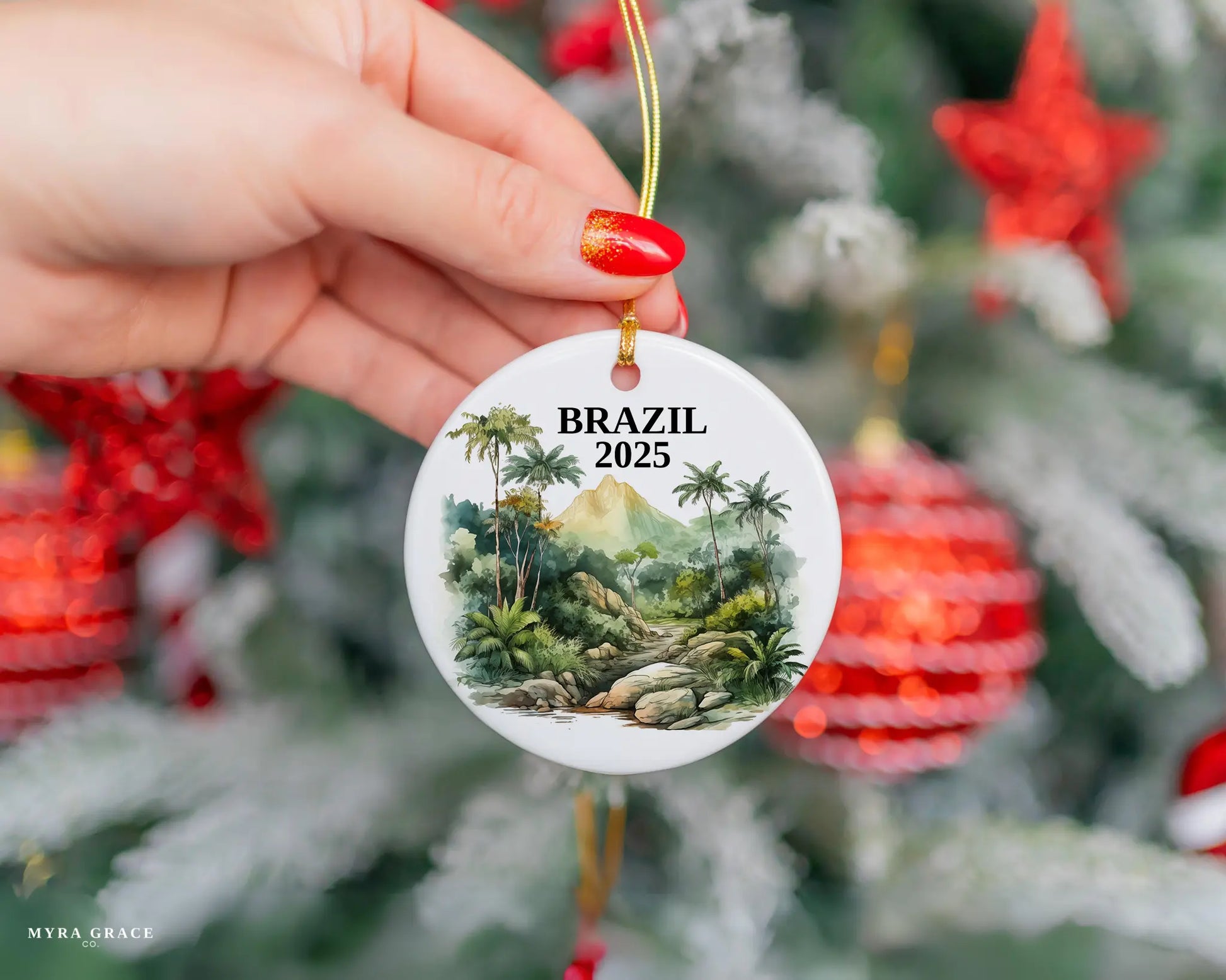 Custom Brazil ceramic photo ornament with personalized message – handmade Christmas bauble, gift souvenir, or vacation keepsake.