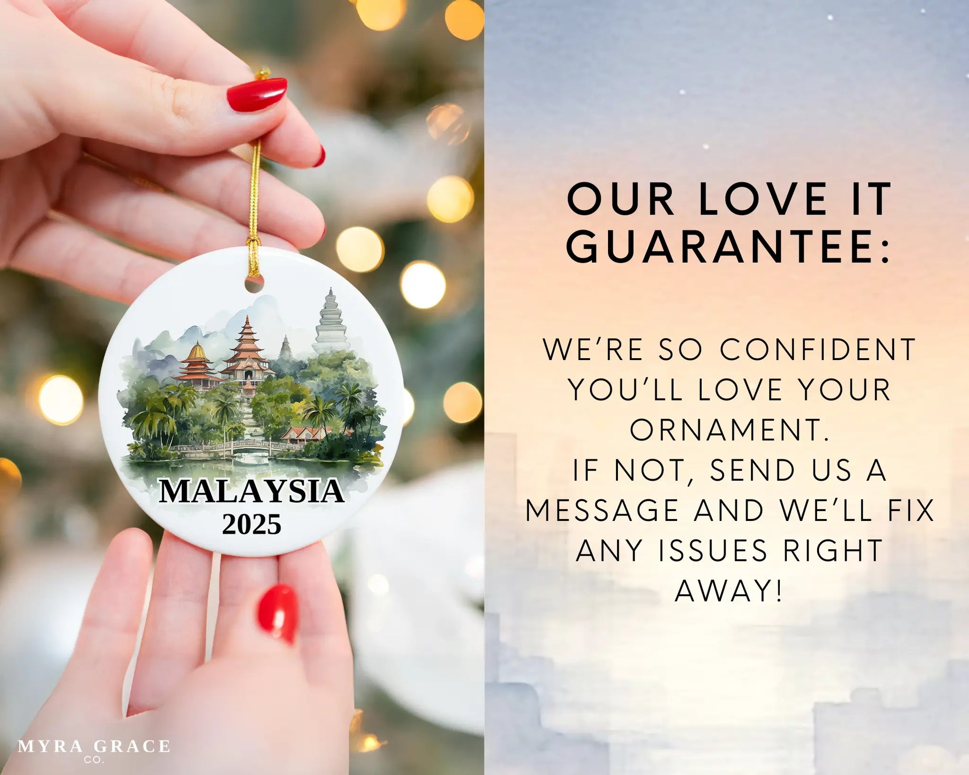 Malaysia Ornament Custom Gift Souvenir Bauble. Custom Malaysia ceramic photo ornament with personalized message – handmade Christmas bauble, gift souvenir, or vacation keepsake.  Love it guarantee