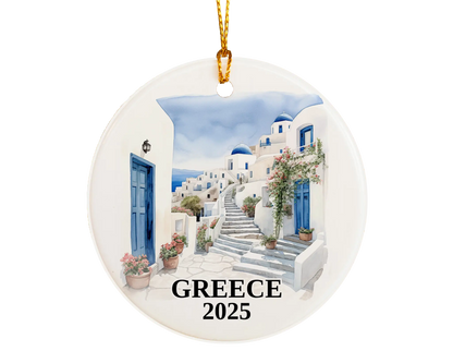 Custom Santorini Greece ceramic photo ornament with personalized message – handmade Christmas bauble, gift souvenir, or vacation keepsake.  