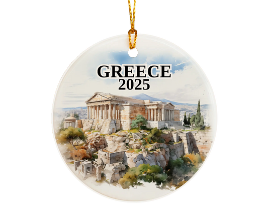 Custom Athens Greece ceramic photo ornament with personalized message – handmade Christmas bauble, gift souvenir, or vacation keepsake.  