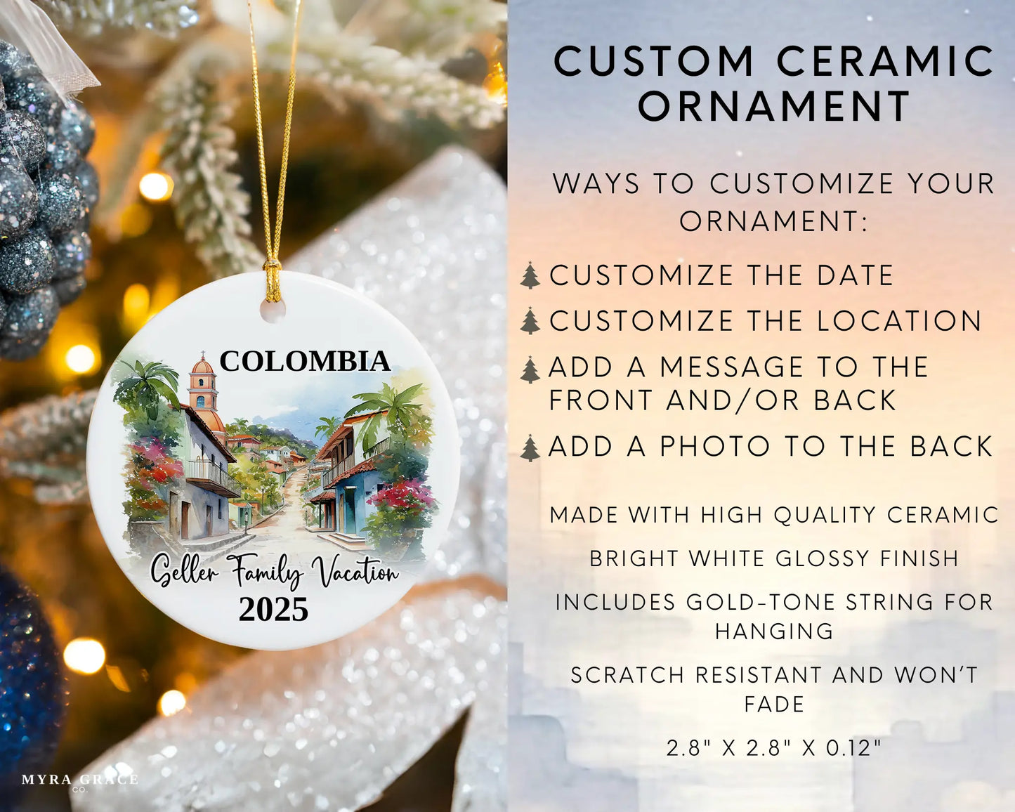 Custom vacation Colombia ceramic photo ornament with personalized message – handmade Christmas bauble, gift souvenir, or vacation keepsake. Infographic