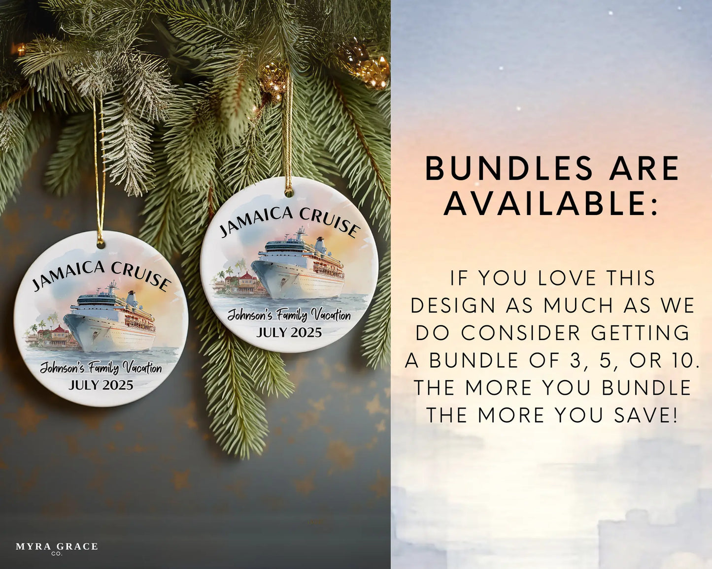 Handmade ceramic Jamaica cruise ornament with personalized location and photo – custom Christmas bauble or cruise vacation souvenir. Bundles are available