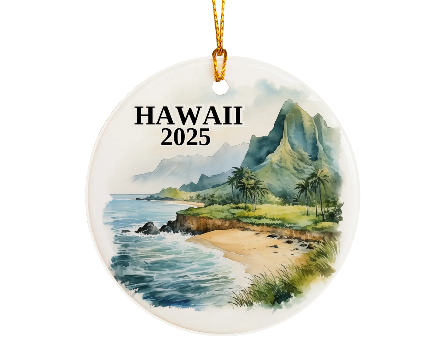 Custom Kauai Hawaii ceramic photo ornament with personalized message – handmade Christmas bauble, gift souvenir, or vacation keepsake.  