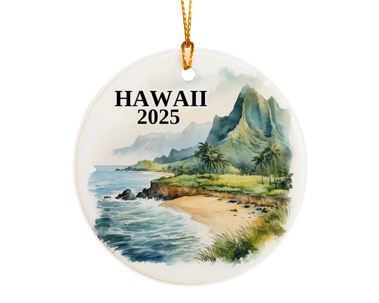 Custom Kauai Hawaii ceramic photo ornament with personalized message – handmade Christmas bauble, gift souvenir, or vacation keepsake.  