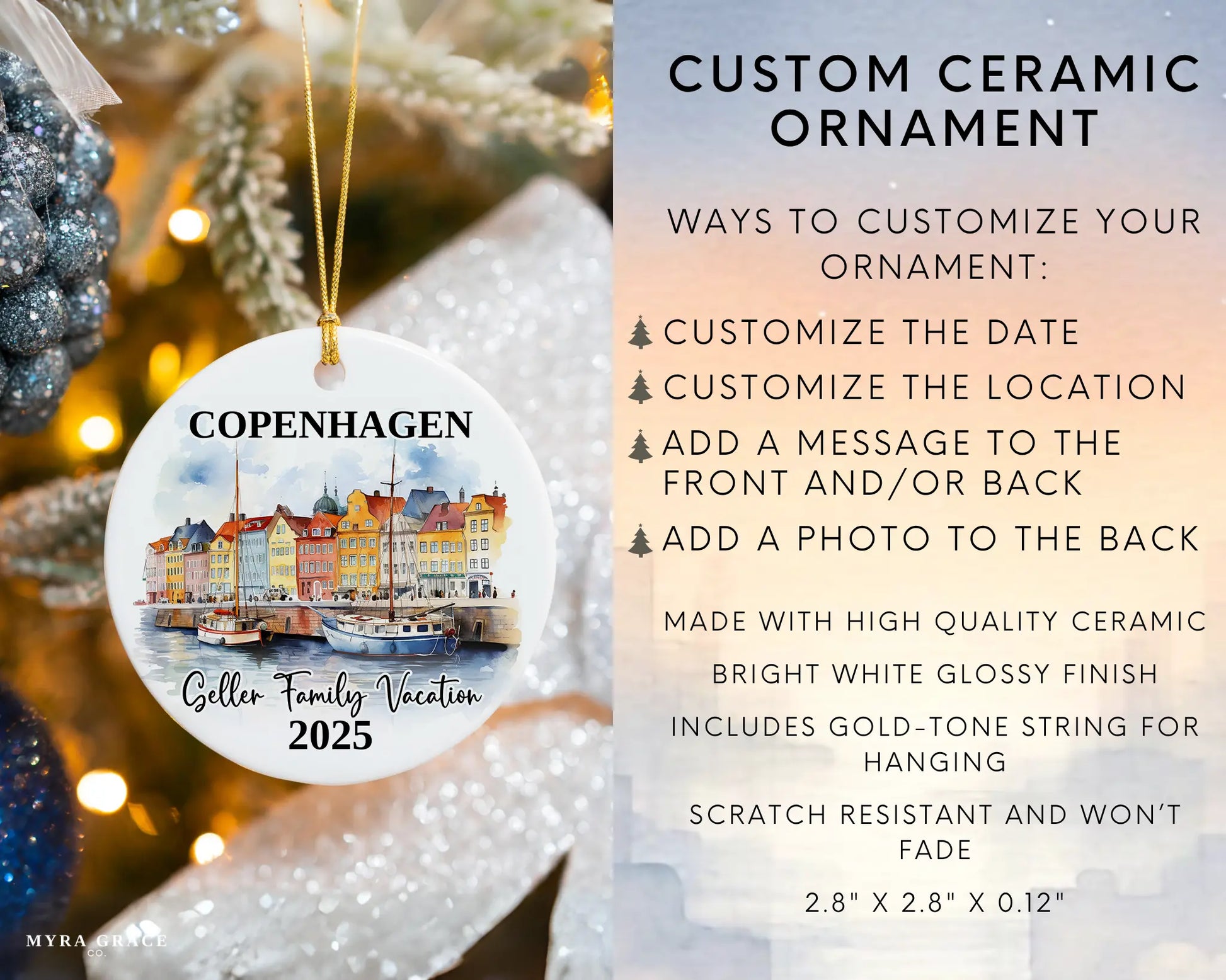 Custom vacation Copenhagen Denmark ceramic photo ornament with personalized message – handmade Christmas bauble, gift souvenir, or vacation keepsake. Infographic