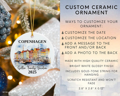 Custom vacation Copenhagen Denmark ceramic photo ornament with personalized message – handmade Christmas bauble, gift souvenir, or vacation keepsake. Infographic