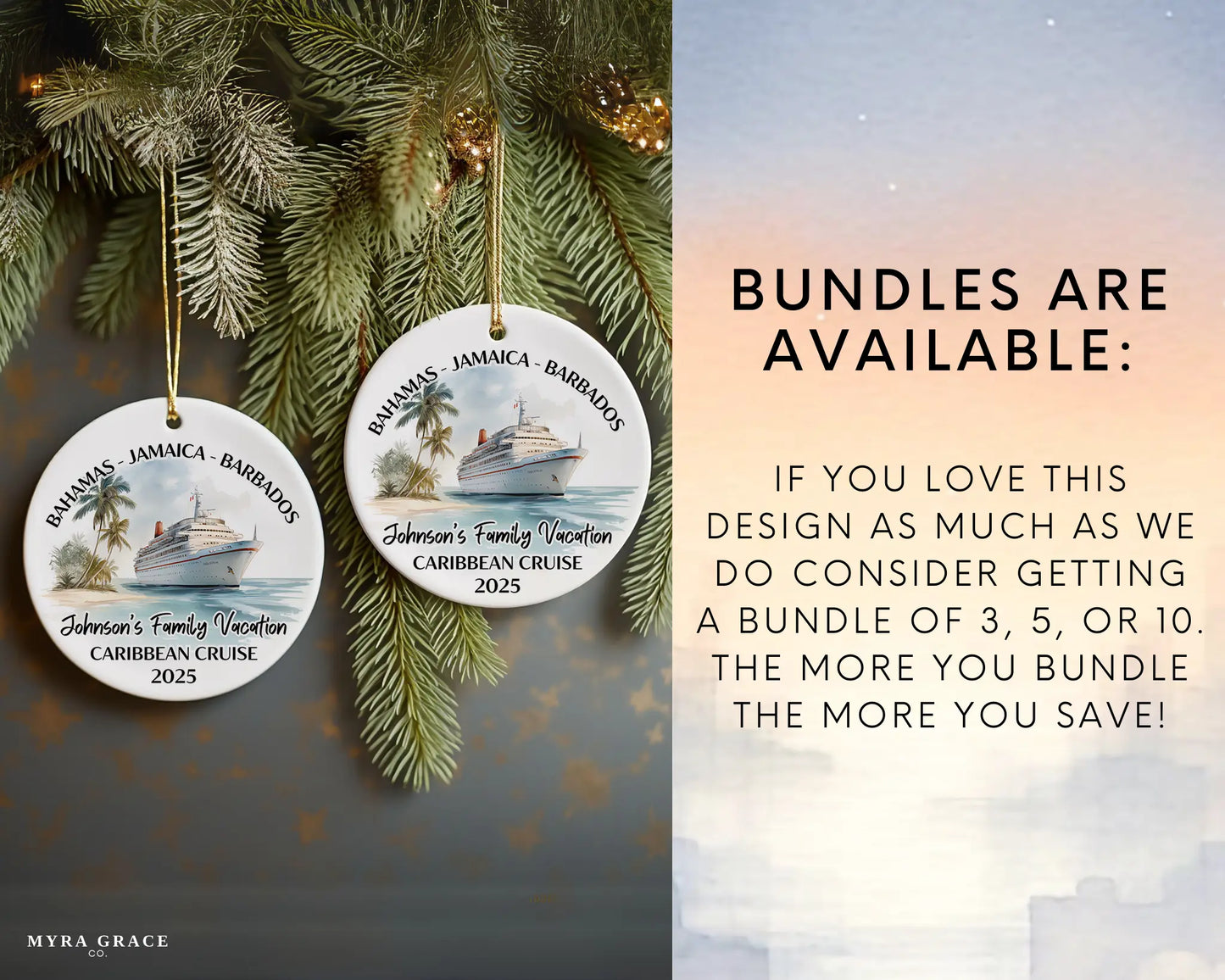 Handmade ceramic Caribbean cruise ornament with personalized location and photo – custom Christmas bauble or cruise vacation souvenir. Bundles are available