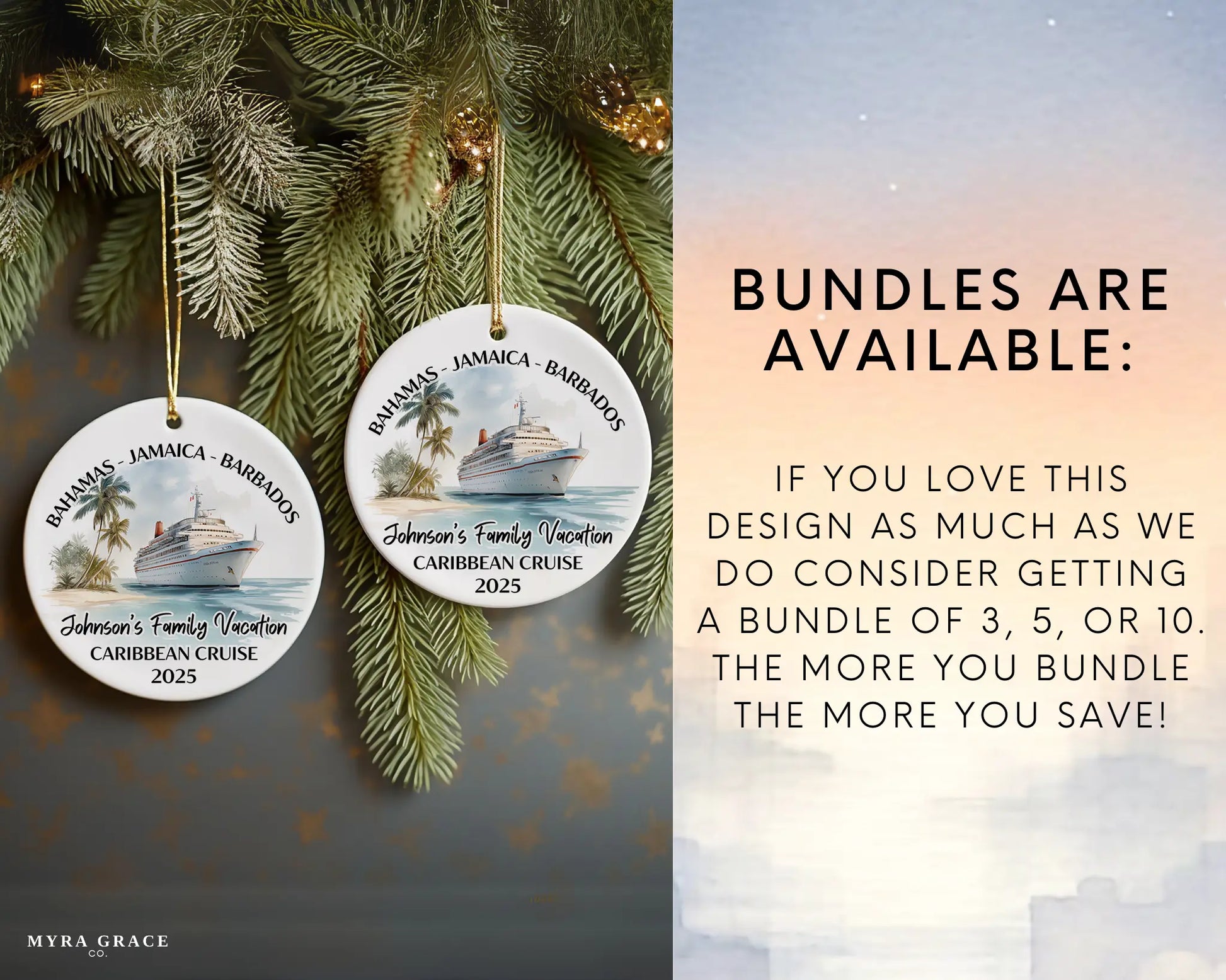 Handmade ceramic Caribbean cruise ornament with personalized location and photo – custom Christmas bauble or cruise vacation souvenir. Bundles are available