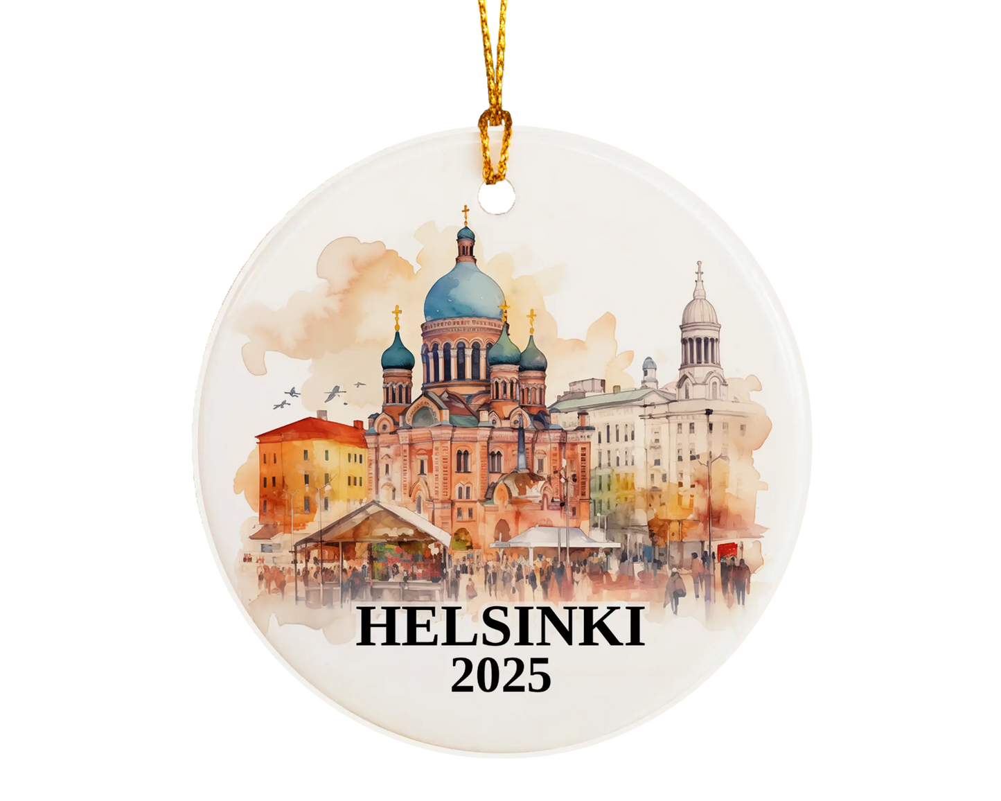 Custom Helsinki Finland ceramic photo ornament with personalized message – handmade Christmas bauble, gift souvenir, or vacation keepsake.  