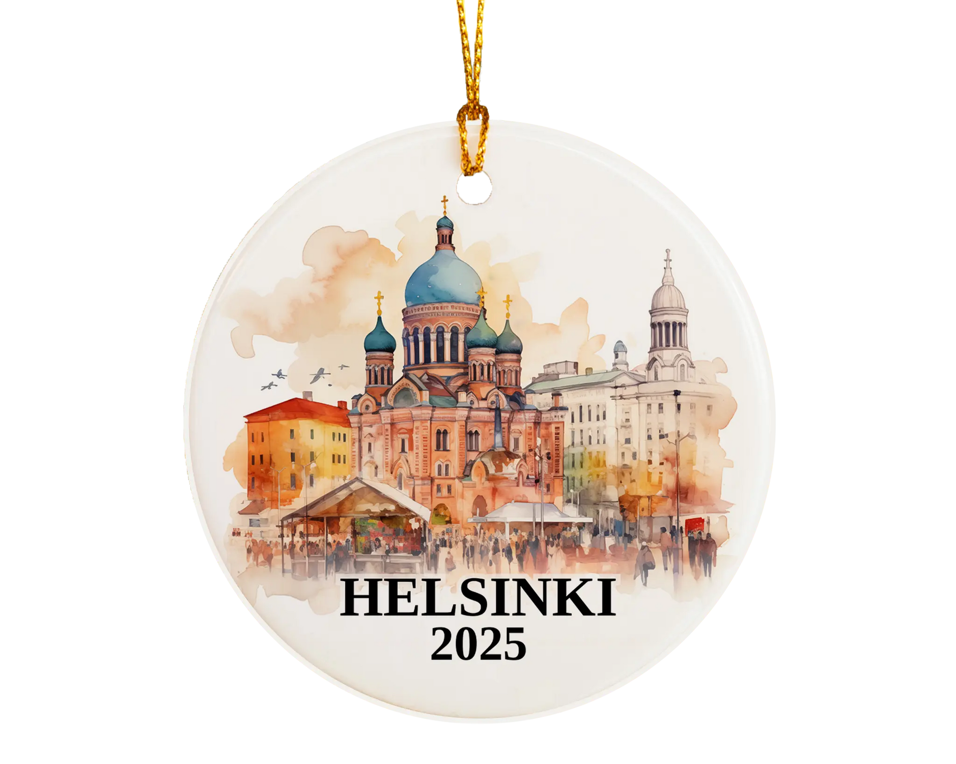 Custom Helsinki Finland ceramic photo ornament with personalized message – handmade Christmas bauble, gift souvenir, or vacation keepsake.  