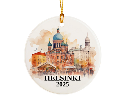 Custom Helsinki Finland ceramic photo ornament with personalized message – handmade Christmas bauble, gift souvenir, or vacation keepsake.  