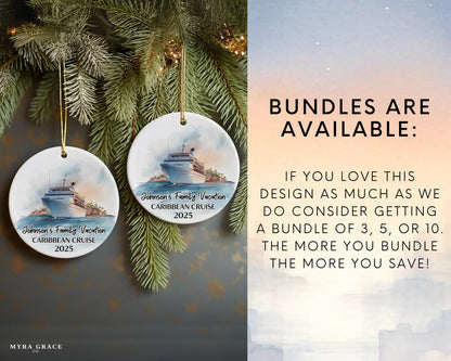 Handmade ceramic Caribbean cruise ornament with personalized location and photo – custom Christmas bauble or cruise vacation souvenir. Bundles are available