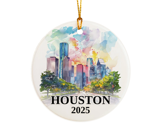 Custom Houston Texas ceramic photo ornament with personalized message – handmade Christmas bauble, gift souvenir, or vacation keepsake.  