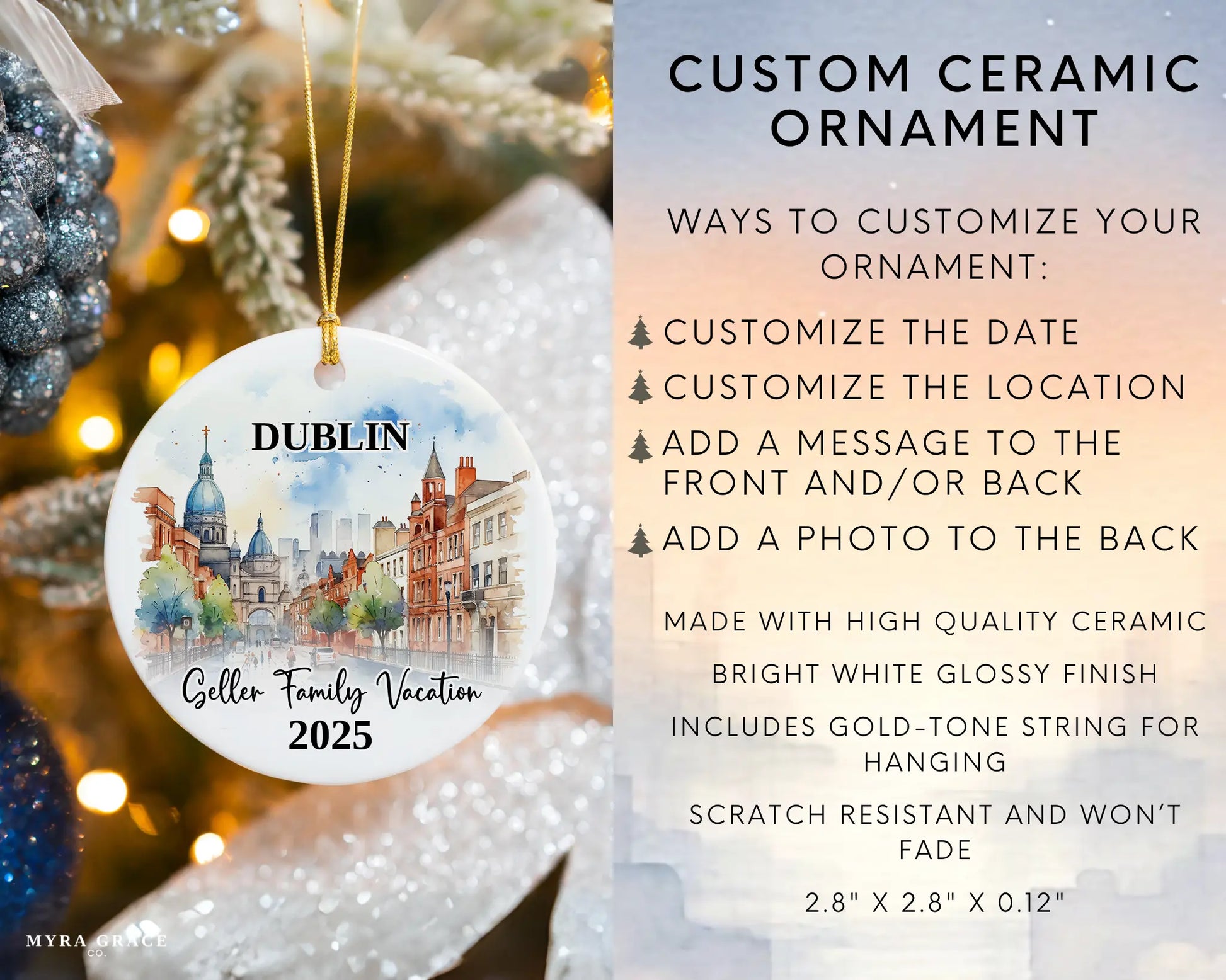 Custom vacation Dublin Ireland ceramic photo ornament with personalized message – handmade Christmas bauble, gift souvenir, or vacation keepsake. Infographic