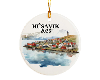 Custom Husavik Iceland ceramic photo ornament with personalized message – handmade Christmas bauble, gift souvenir, or vacation keepsake.  