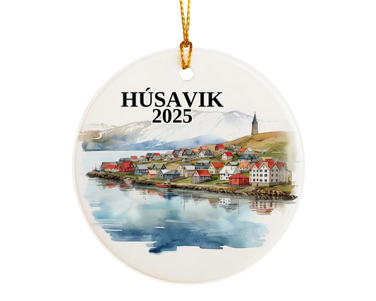 Custom Husavik Iceland ceramic photo ornament with personalized message – handmade Christmas bauble, gift souvenir, or vacation keepsake.  