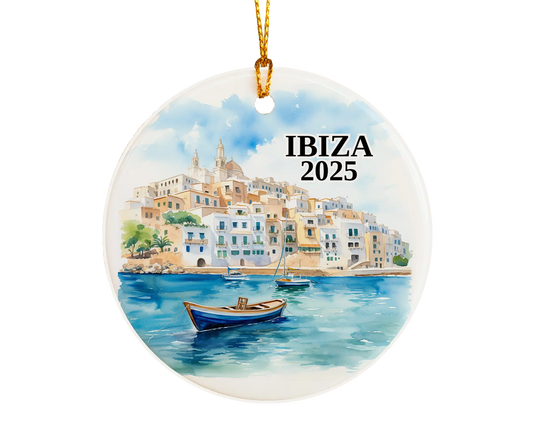 Custom Ibiza Spain ceramic photo ornament with personalized message – handmade Christmas bauble, gift souvenir, or vacation keepsake.  