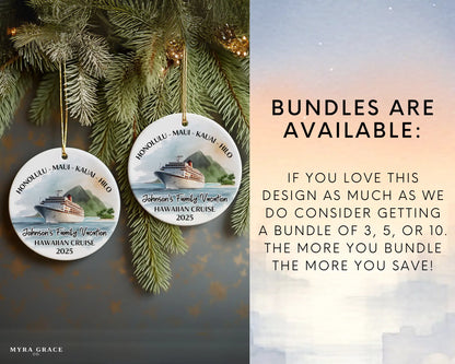 Handmade ceramic Hawaii cruise ornament with personalized location and photo – custom Christmas bauble or cruise vacation souvenir. Bundles are available