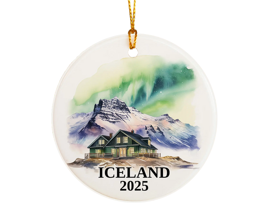 Custom Iceland ceramic photo ornament with personalized message – handmade Christmas bauble, gift souvenir, or vacation keepsake.  