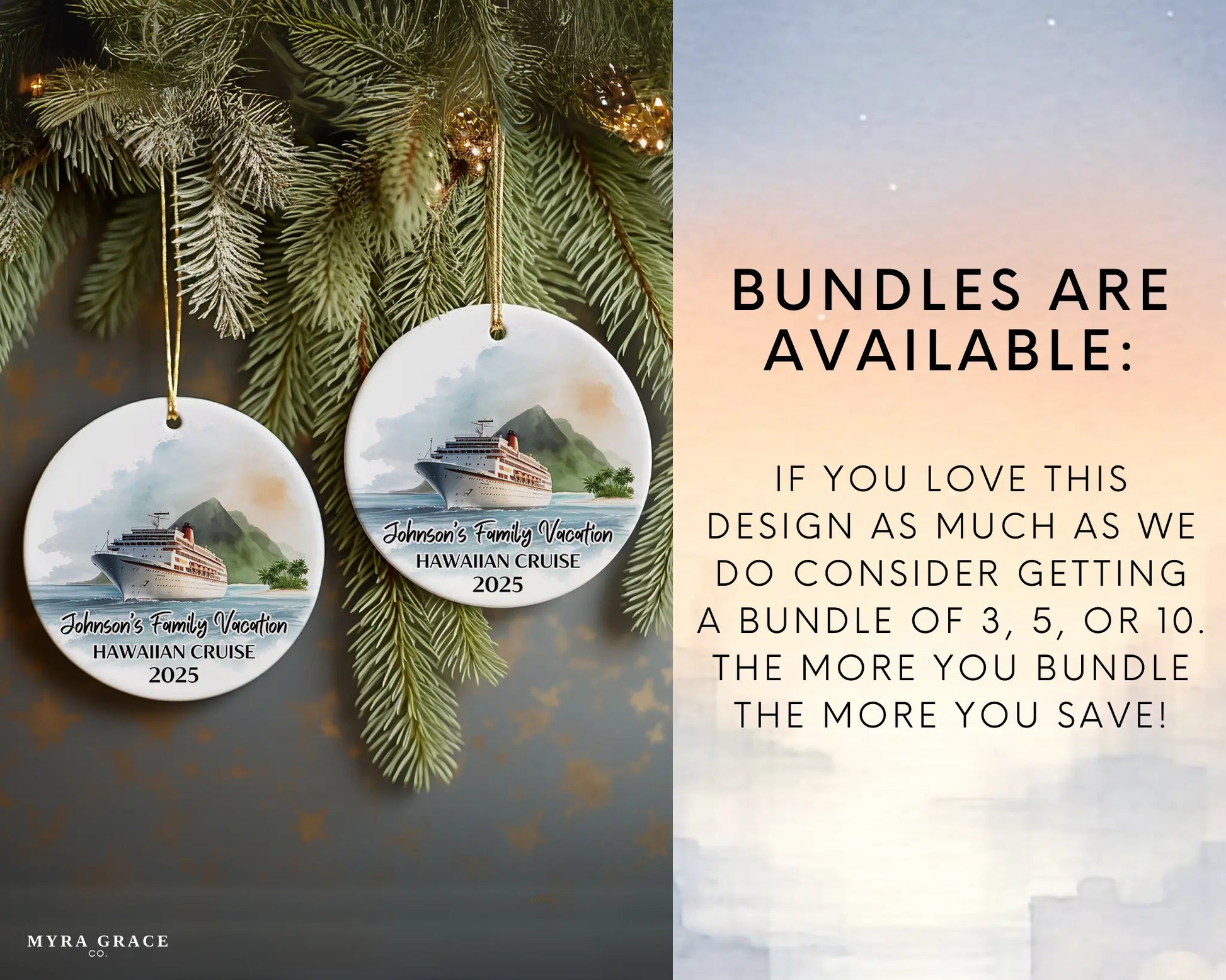 Handmade ceramic Hawaii cruise ornament with personalized location and photo – custom Christmas bauble or cruise vacation souvenir. Bundles are available