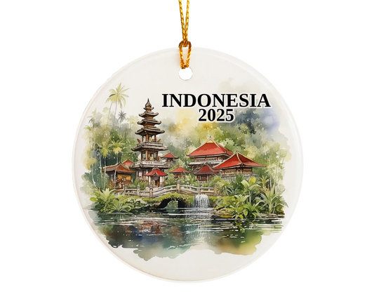 Custom Indonesia ceramic photo ornament with personalized message – handmade Christmas bauble, gift souvenir, or vacation keepsake.  