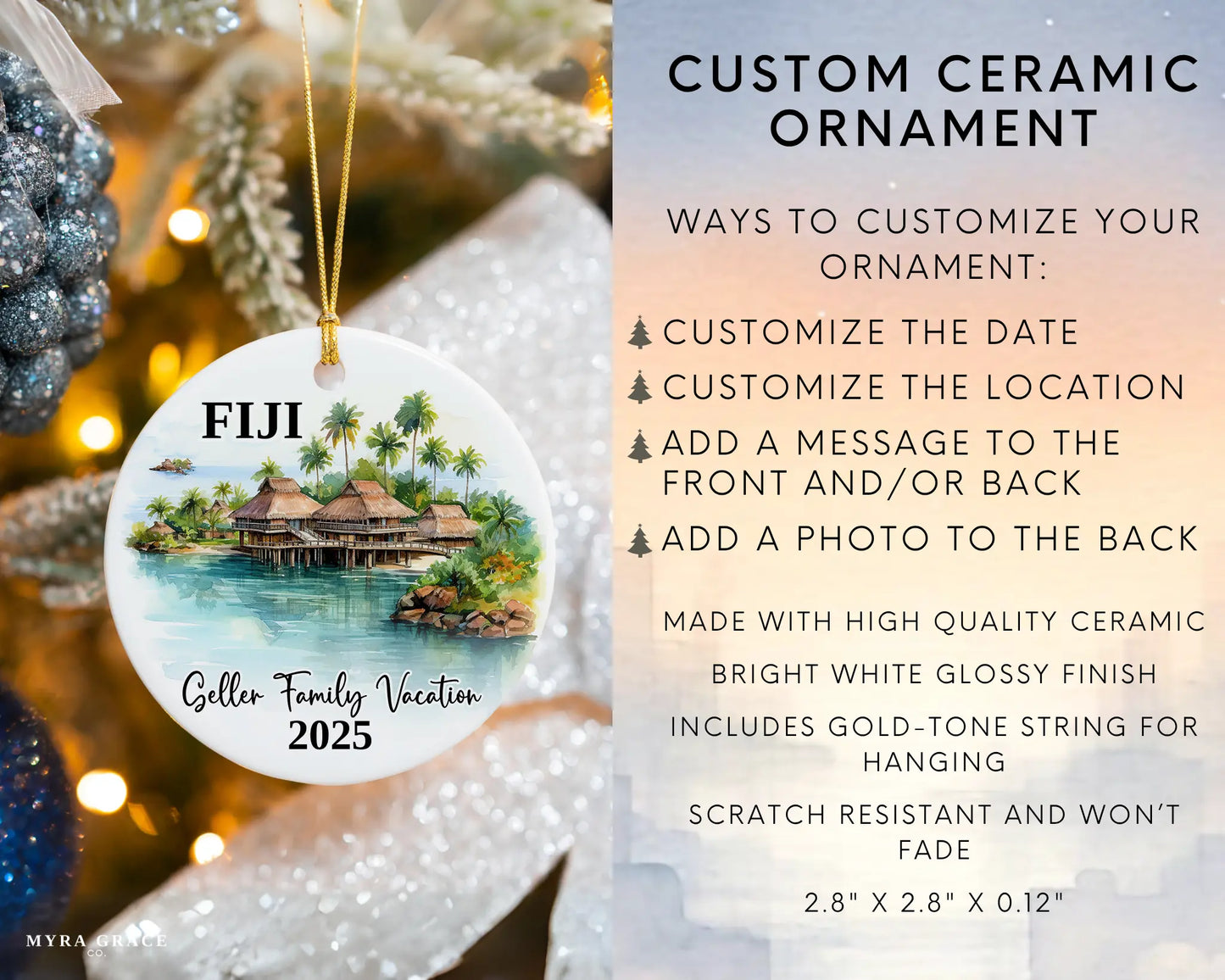 Custom vacation Fiji ceramic photo ornament with personalized message – handmade Christmas bauble, gift souvenir, or vacation keepsake. Infographic