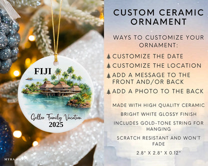 Custom vacation Fiji ceramic photo ornament with personalized message – handmade Christmas bauble, gift souvenir, or vacation keepsake. Infographic