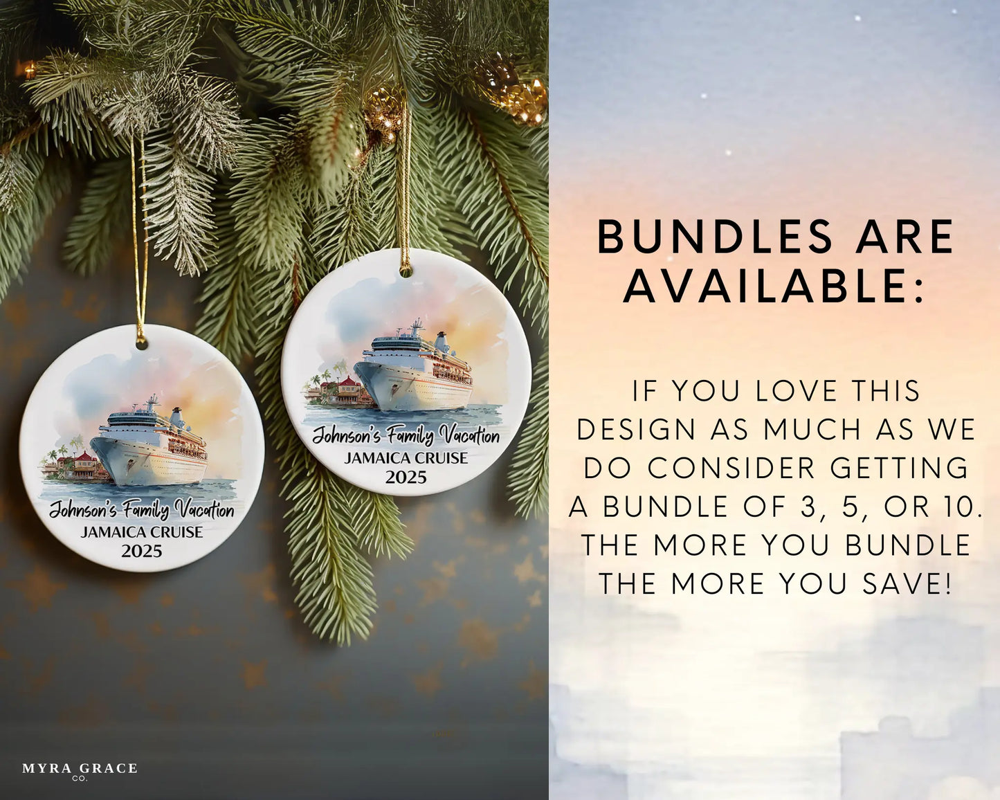 Handmade ceramic Jamaica cruise ornament with personalized location and photo – custom Christmas bauble or cruise vacation souvenir. Bundles are available