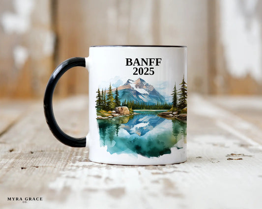 Custom ceramic Banff vacation mug with watercolor location design, date, and personal photo – personalized travel gift or photo mug. 