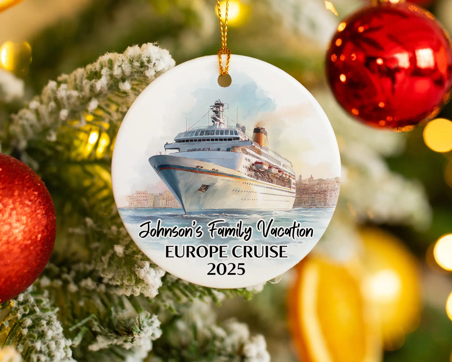 Handmade ceramic European cruise ornament with personalized location and photo – custom Christmas bauble or cruise vacation souvenir.