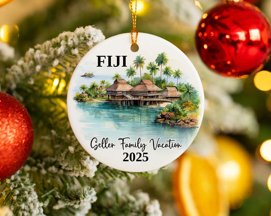 Custom vacation Fiji ceramic photo ornament with personalized message – handmade Christmas bauble, gift souvenir, or vacation keepsake. 