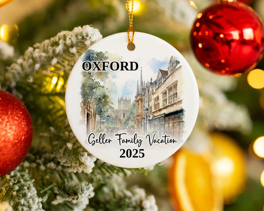 Custom vacation Oxford England ceramic photo ornament with personalized message – handmade Christmas bauble, gift souvenir, or vacation keepsake. 