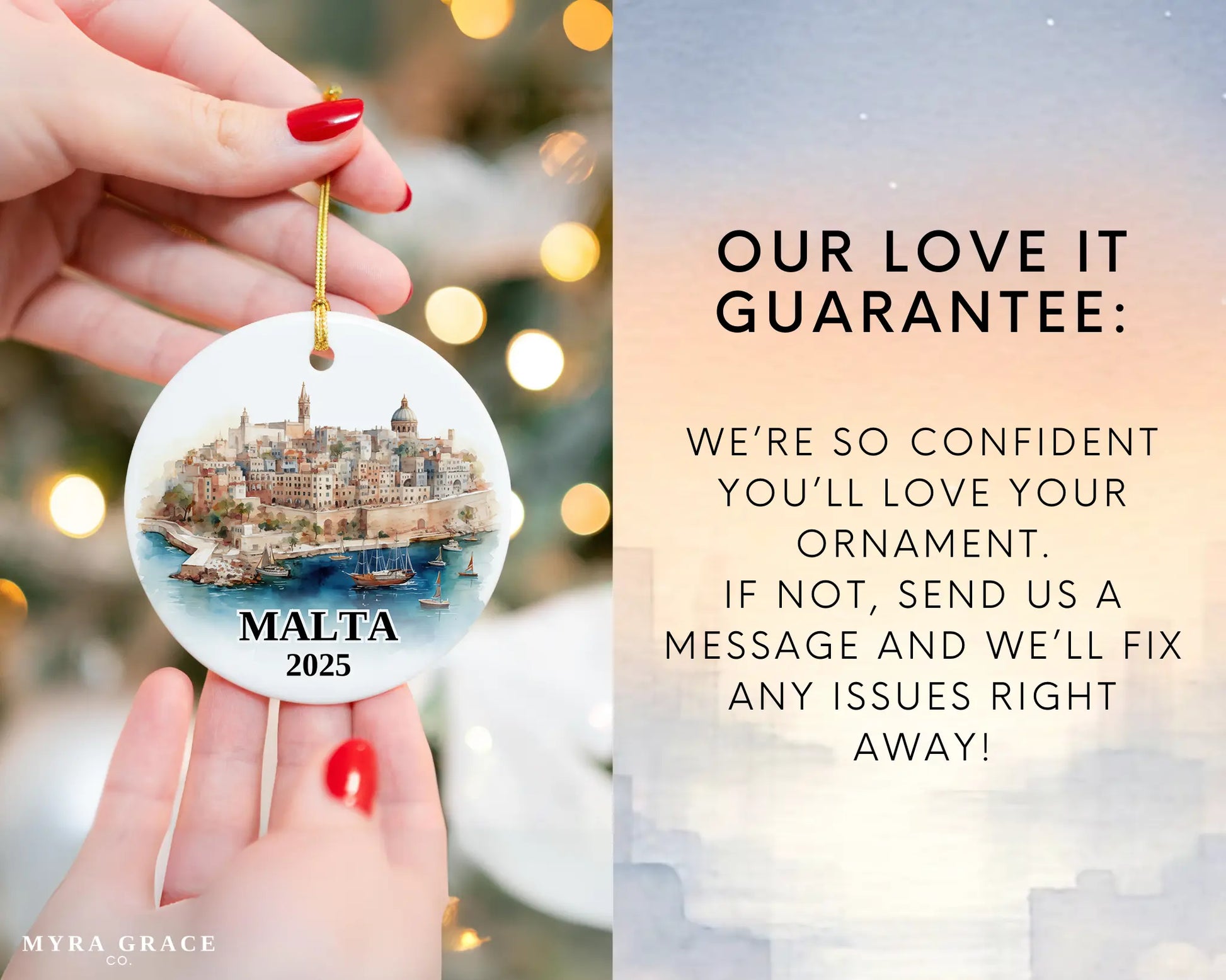 Malta Ornament Custom Gift Souvenir Bauble. Custom Malta ceramic photo ornament with personalized message – handmade Christmas bauble, gift souvenir, or vacation keepsake.  Love it guarantee