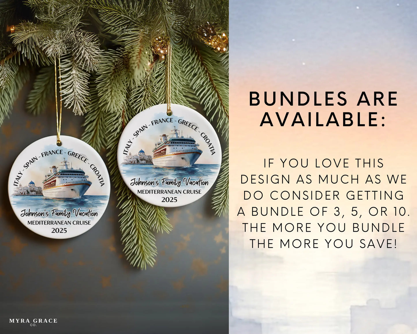 Handmade ceramic Mediterranean cruise ornament with personalized location and photo – custom Christmas bauble or cruise vacation souvenir. Bundles are available