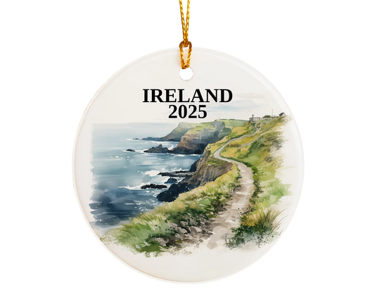 Custom Ireland Cliffs of Moher ceramic photo ornament with personalized message – handmade Christmas bauble, gift souvenir, or vacation keepsake.  