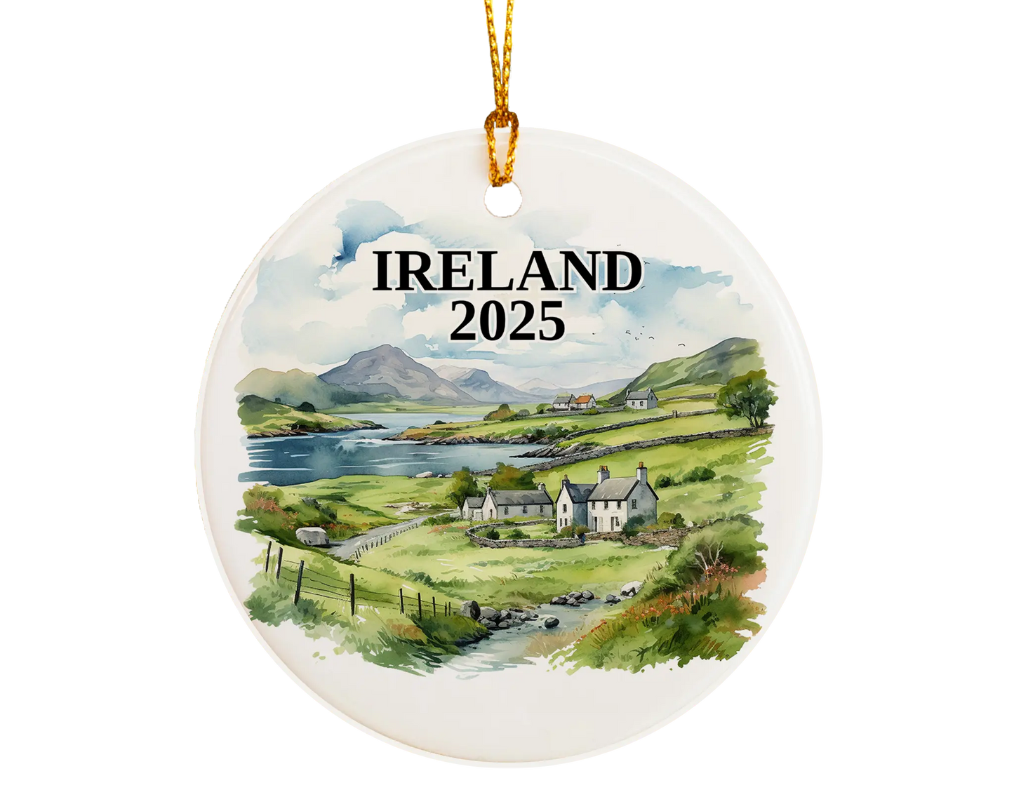 Custom Ireland ceramic photo ornament with personalized message – handmade Christmas bauble, gift souvenir, or vacation keepsake.  