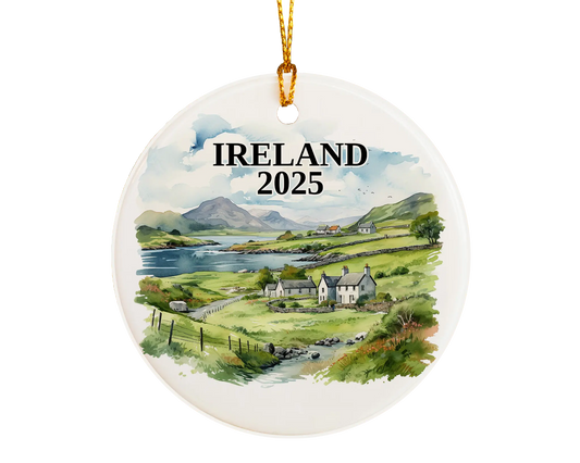 Custom Ireland ceramic photo ornament with personalized message – handmade Christmas bauble, gift souvenir, or vacation keepsake.  