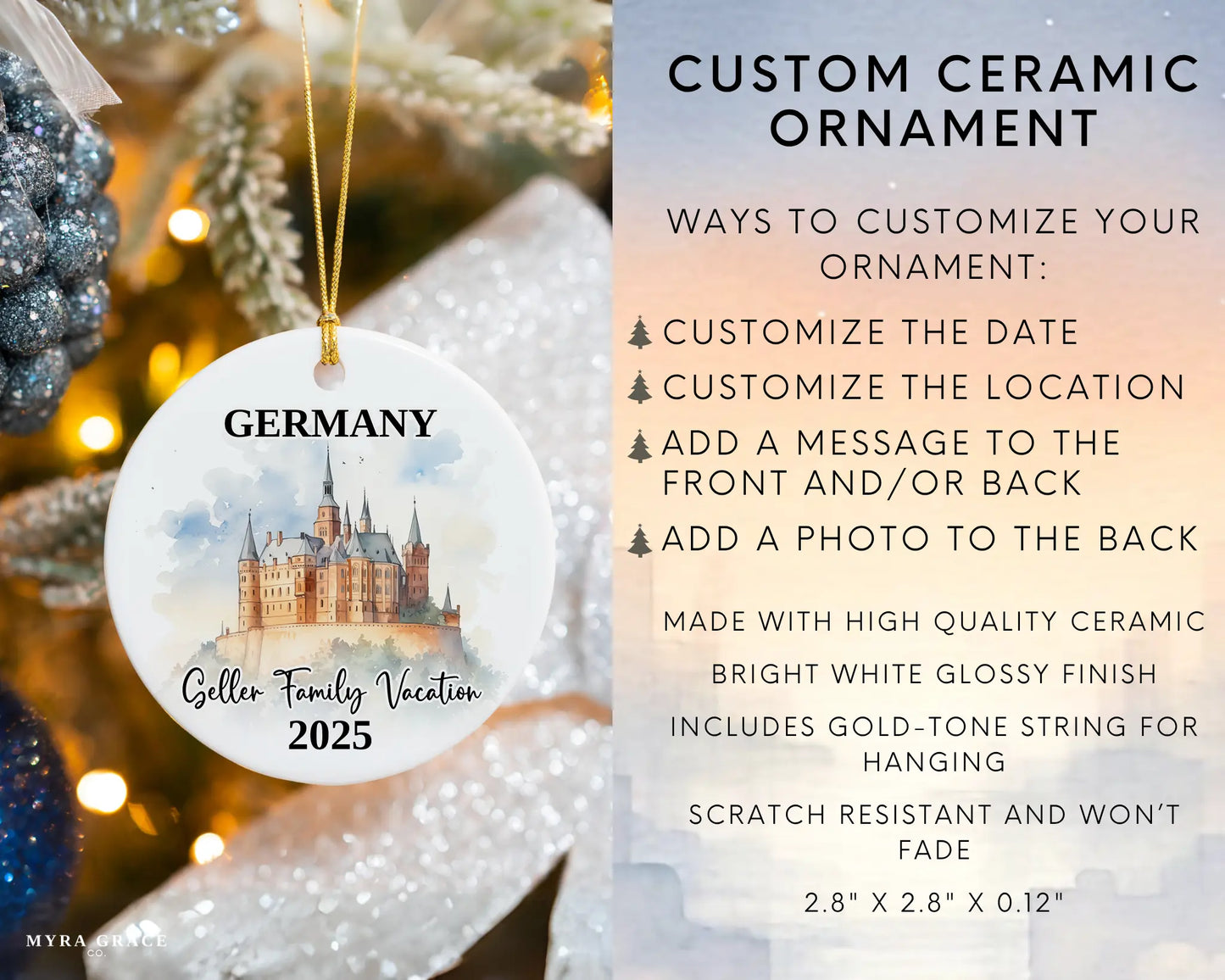 Custom vacation Germany ceramic photo ornament with personalized message – handmade Christmas bauble, gift souvenir, or vacation keepsake. Infographic