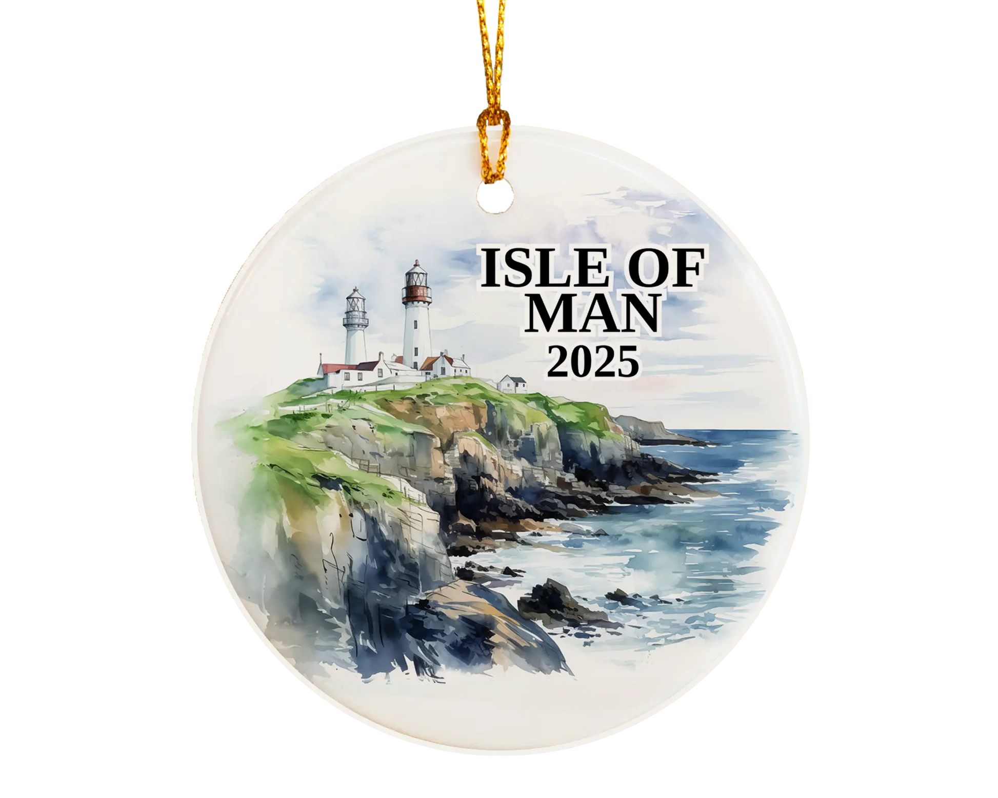 Custom Isle of Man ceramic photo ornament with personalized message – handmade Christmas bauble, gift souvenir, or vacation keepsake.  