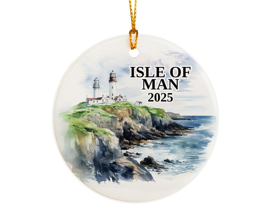 Custom Isle of Man ceramic photo ornament with personalized message – handmade Christmas bauble, gift souvenir, or vacation keepsake.  